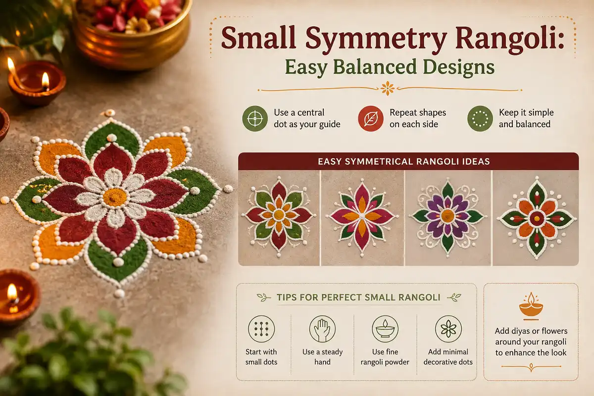Small symmetry rangoli with balanced flower petals at a home doorway