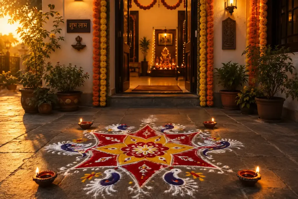 Small traditional rangoli at Diwali doorstep with diyas and marigold garland border