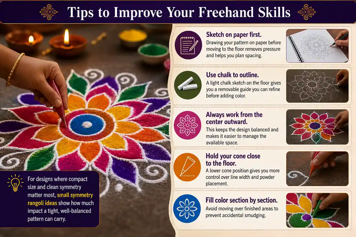 Infographic showing tips to improve freehand rangoli skills with paper sketching, chalk outlining, center-outward drawing, cone control, and careful color filling