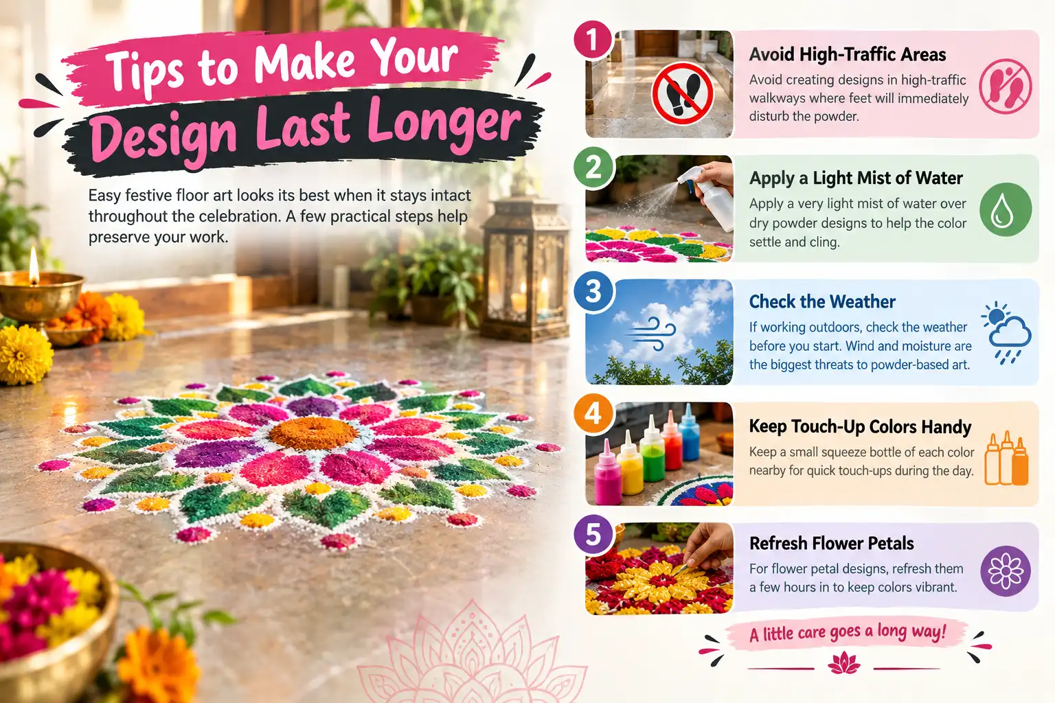 Tips to make a festive rangoli design last longer, including avoiding high-traffic areas, lightly misting powder, checking the weather, keeping touch-up colors nearby, and refreshing flower petals.