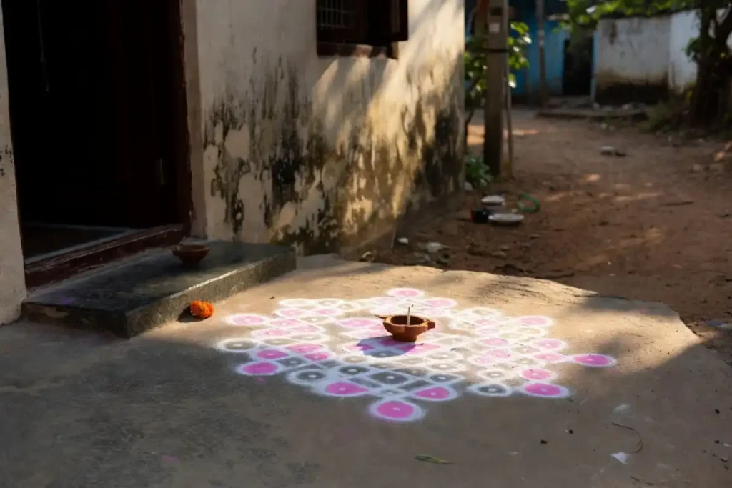 Traditional kolam at a South Indian home entrance with flowers and a clay lamp