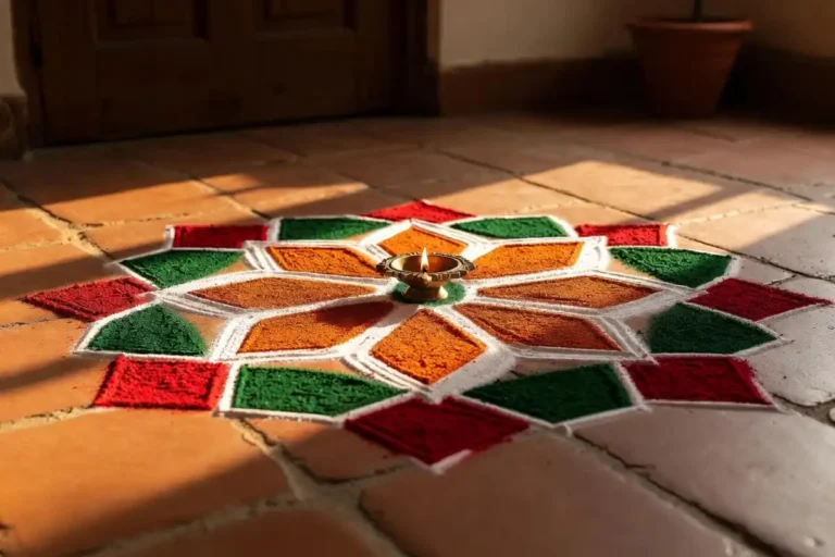 Four types of small traditional rangoli including kolam, alpana, petal and geometric styles