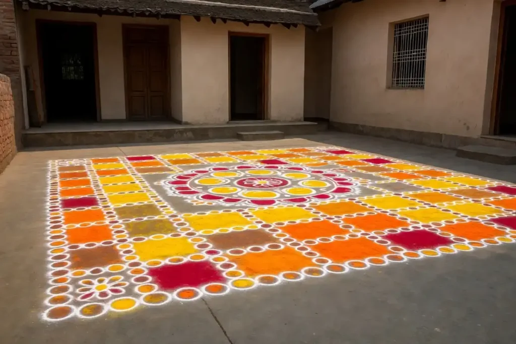 Bright easy village rangoli design on a festival morning at a traditional doorstep