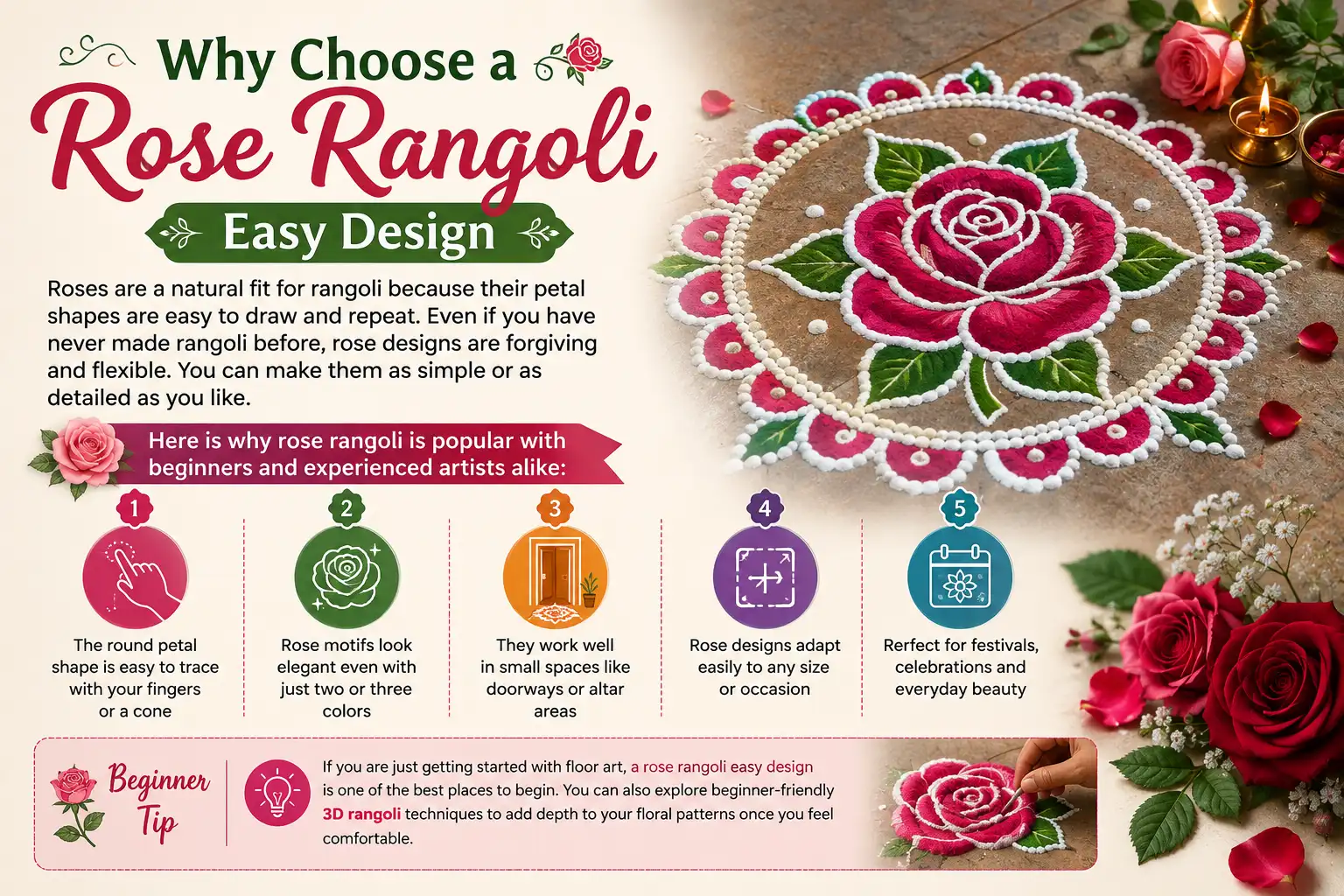 Infographic explaining why rose rangoli is an easy design for beginners, featuring a colorful rose rangoli and five key benefits.