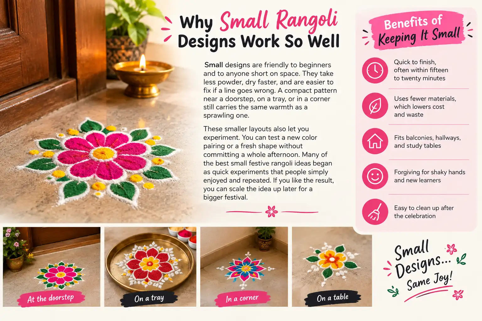 Small colorful rangoli design with infographic showing the benefits of keeping rangoli designs compact for beginners and small spaces