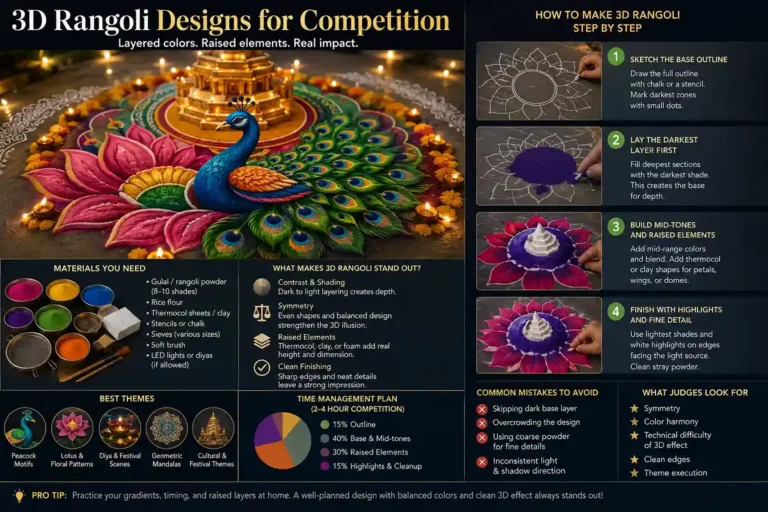 3D rangoli competition design with layered colors, raised elements, and step-by-step techniques