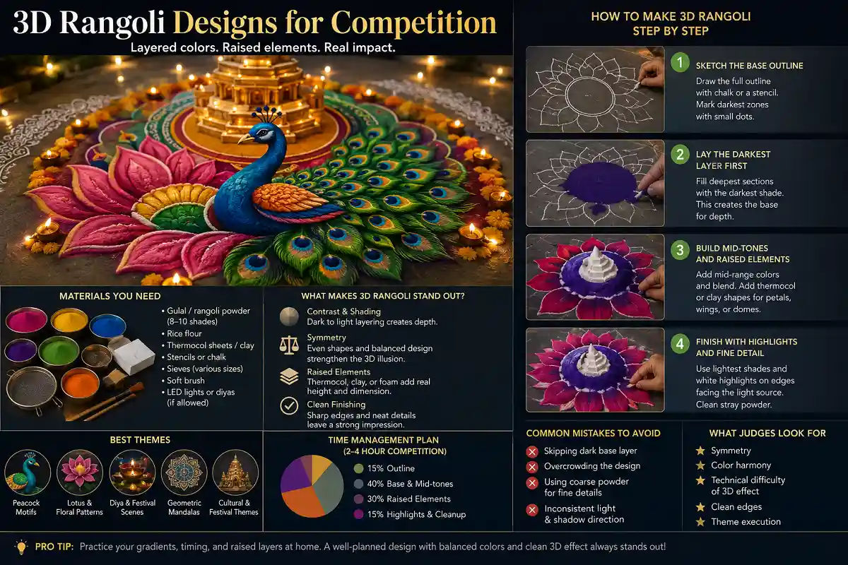 3D rangoli competition design with layered colors, raised elements, and step-by-step techniques