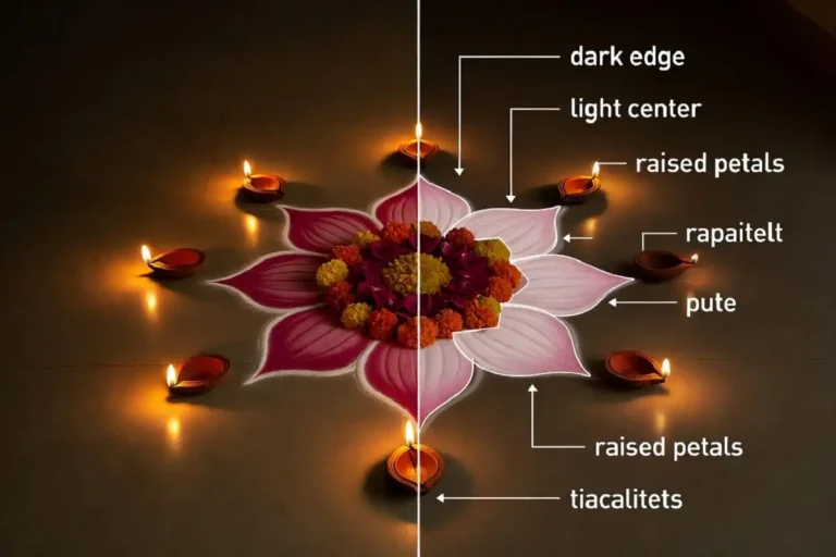 3D rangoli with flowers and colors showing a raised lotus with marigold petals and shaded gradients