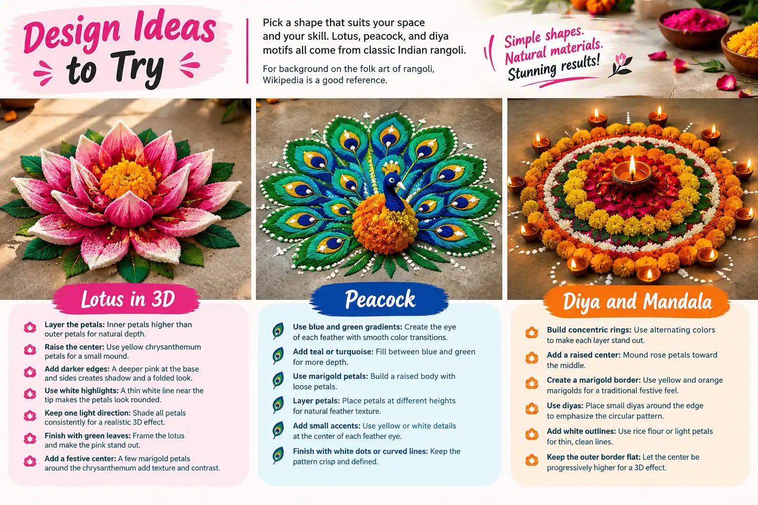 3D rangoli design ideas featuring a layered pink lotus, colorful peacock, and diya mandala made with flowers and vibrant powders