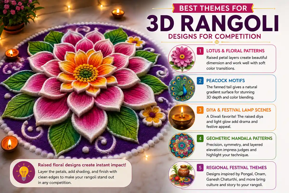 Colorful 3D flower rangoli design with layered pink and orange petals, green leaves, and decorative diyas for a rangoli competition