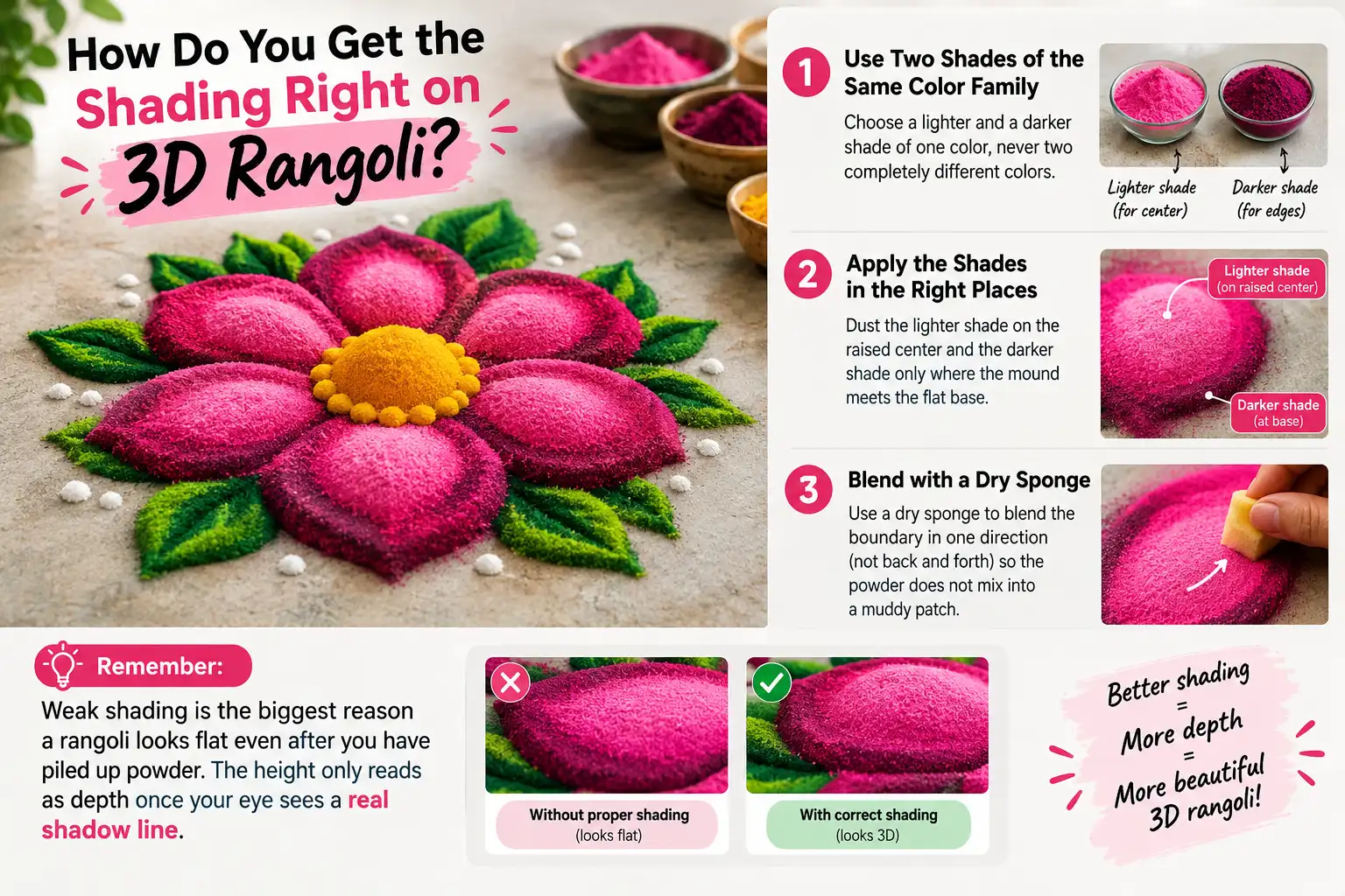 How to get the shading right on 3D Rangoli using light and dark shades for realistic depth