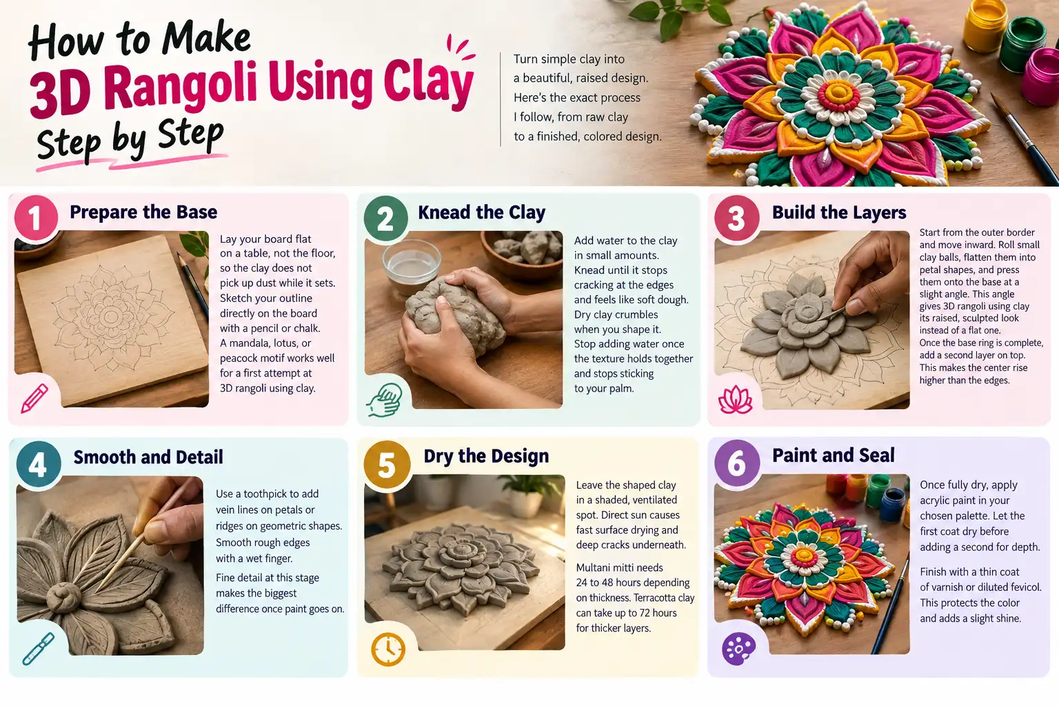 How to make 3D Rangoli using clay step by step with six illustrated stages from shaping clay to painting and sealing the finished design