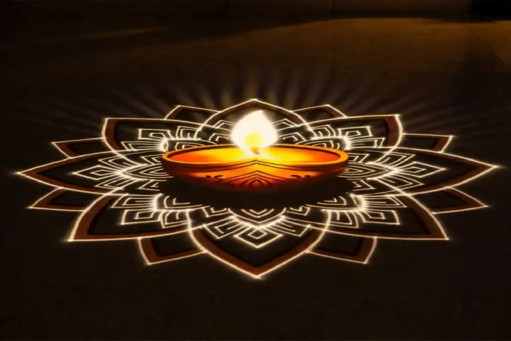 Diya-themed 3D rangoli without dots for Diwali