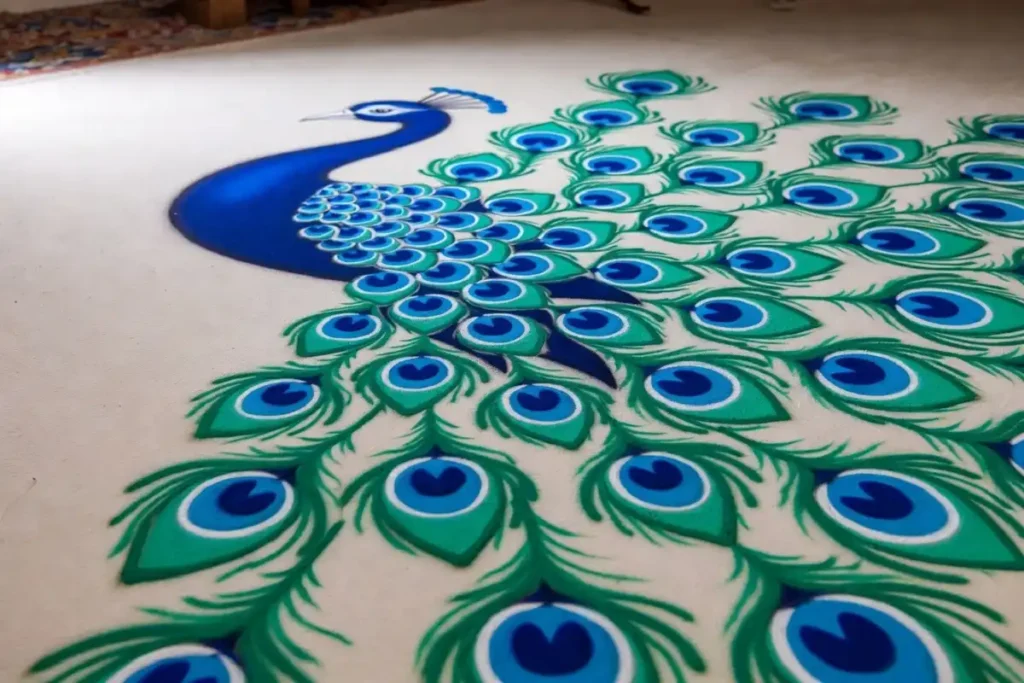 Peacock motif 3D rangoli without dots design