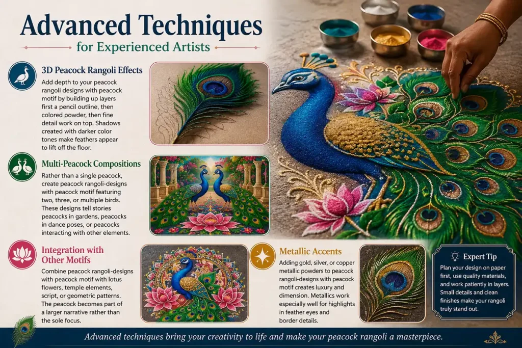 Advanced techniques for experienced artists with peacock rangoli