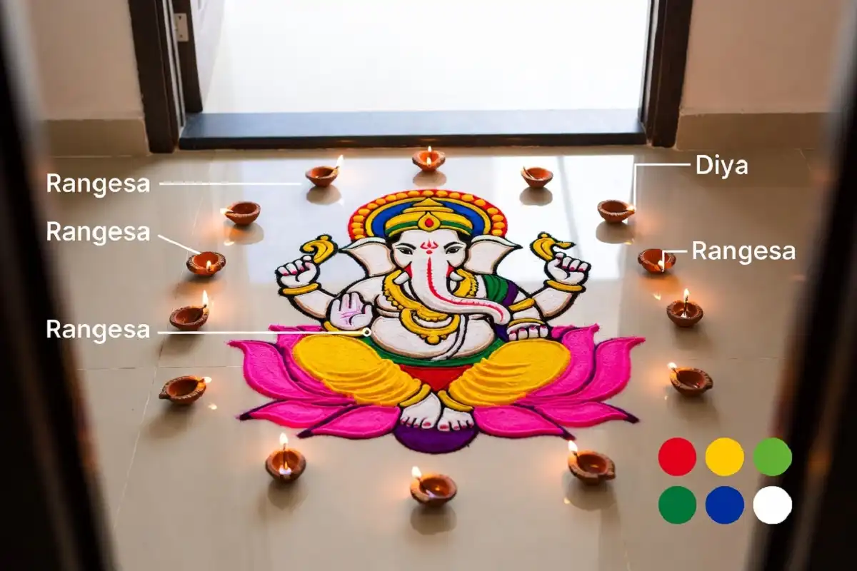 Ganesha rangoli design ideas shown as a labeled guide with lotus base, diyas, and color swatches