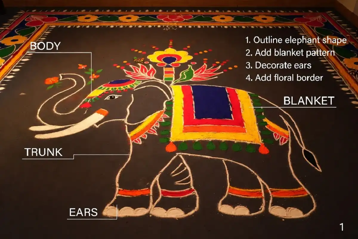 Labeled rangoli with elephant motif showing body, trunk, ears, and border build order