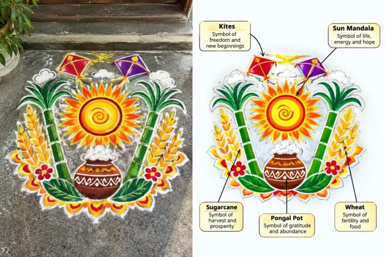 Sankranti rangoli patterns featured image showing sun, pongal pot, sugarcane, and kite symbols with labeled infographic callouts