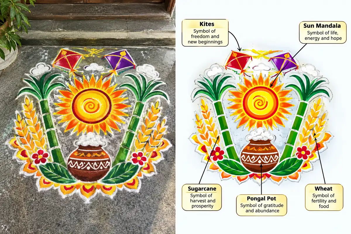 Sankranti rangoli patterns featured image showing sun, pongal pot, sugarcane, and kite symbols with labeled infographic callouts
