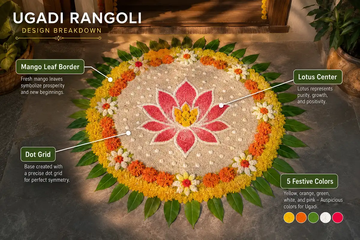 Ugadi rangoli designs shown as a labeled floral circle with mango leaf border and festive colors