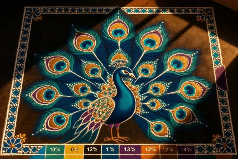 A peacock rangoli design with peacock motif showing detailed feather patterns, circular eye designs in blue and green tones, white dot work, and a decorative border frame
