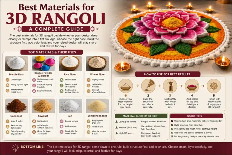 3D rangoli materials infographic with marble dust, flour, cocopeat, powder, salt and semolina
