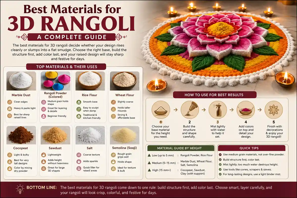 3D rangoli materials infographic with marble dust, flour, cocopeat, powder, salt and semolina