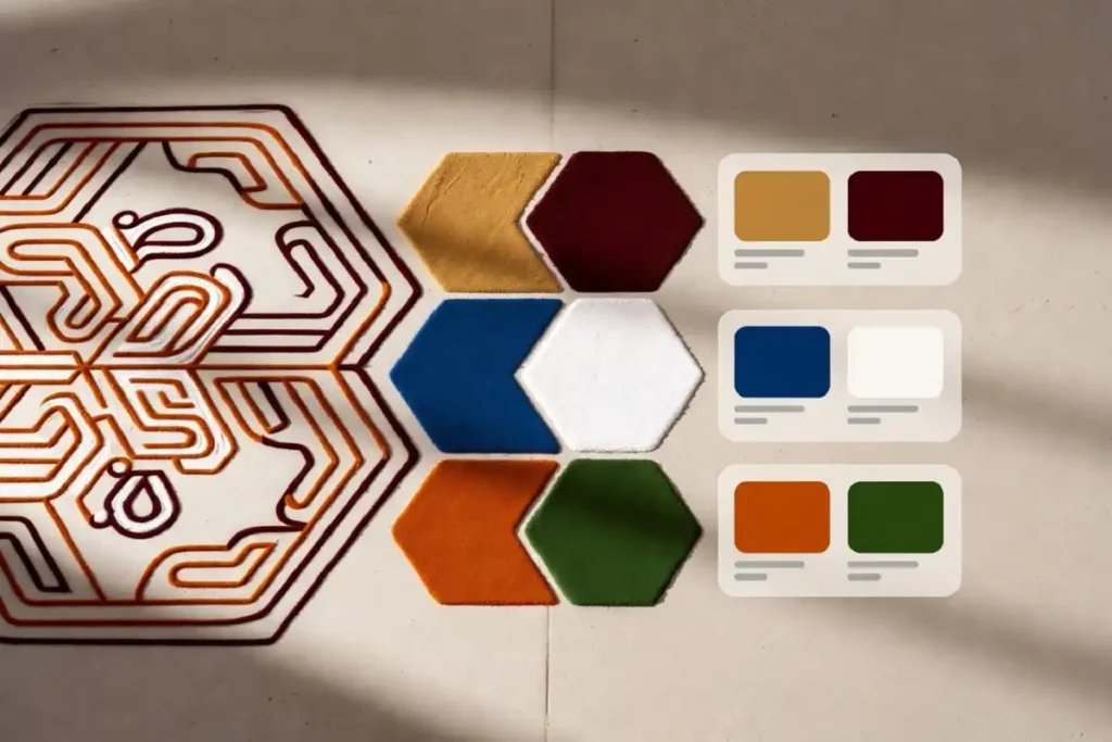 Color combination guide for hexagon rangoli patterns showing festive and minimal palettes