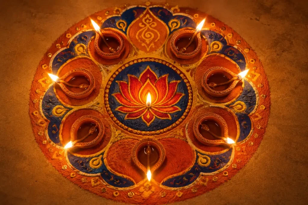 Circular ring rangoli designs with diya motif in a festive Diwali layout