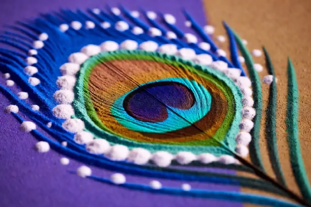 Detailed peacock rangoli motif section displaying the characteristic feather eye pattern with concentric circles and intricate white dot work detailing