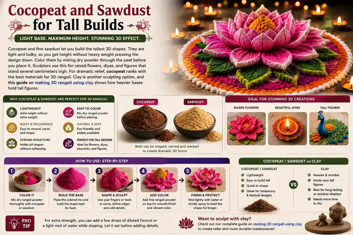 Cocopeat and sawdust for tall 3D rangoli builds