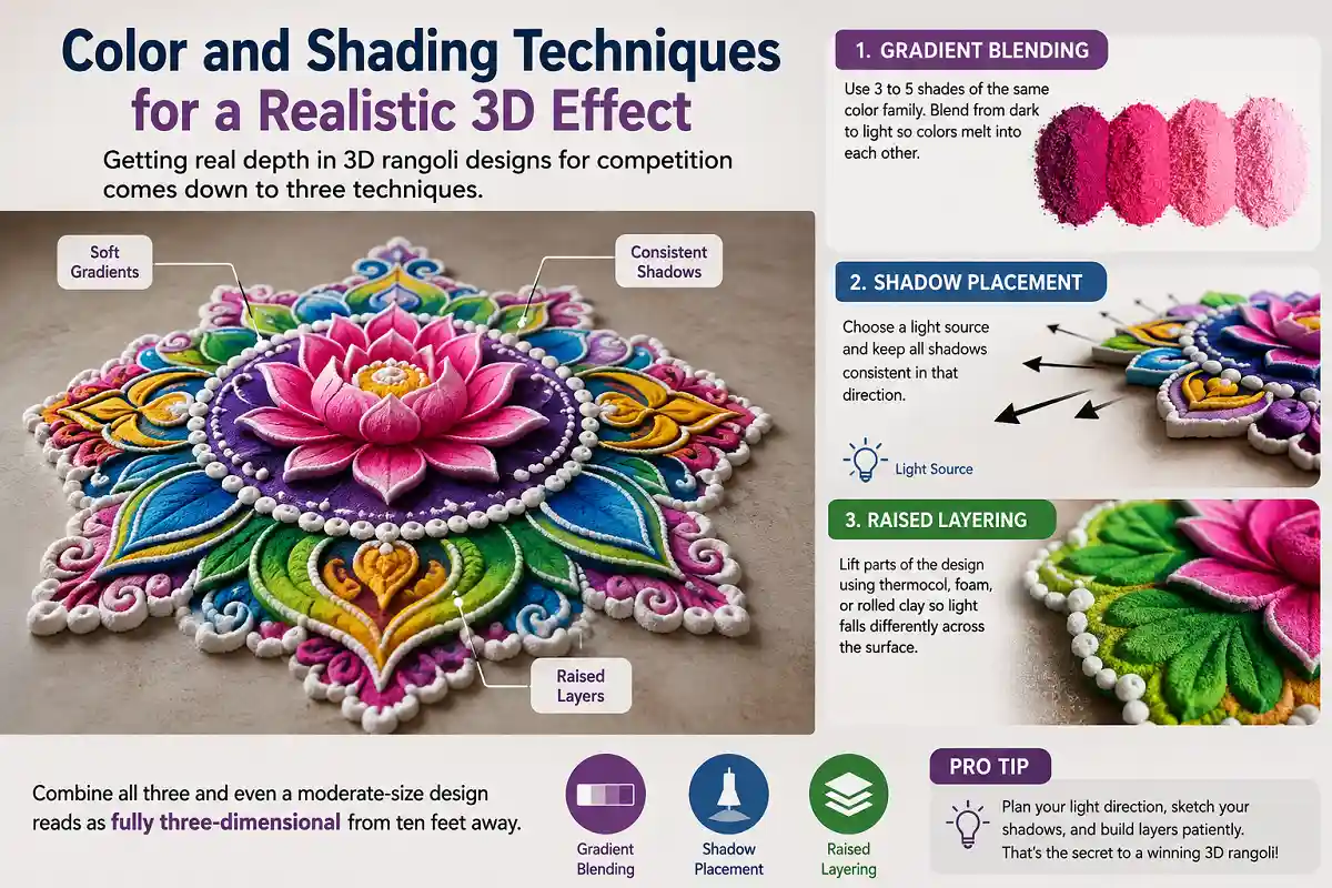 3D rangoli showing gradient blending, shadow placement, and raised layering techniques