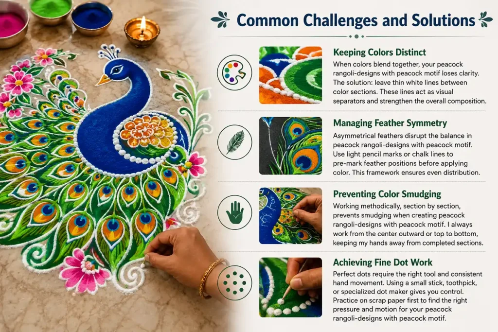 Common challenges and solutions for peacock rangoli designs