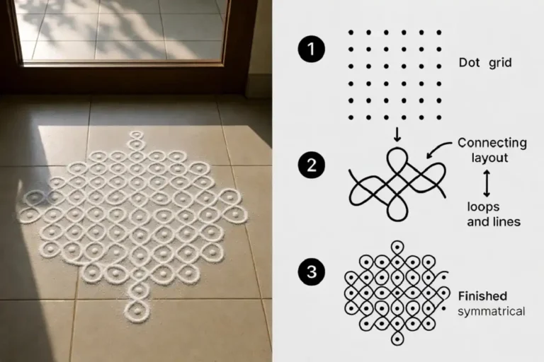 South Indian kolam rangoli designs shown as photo and step infographic