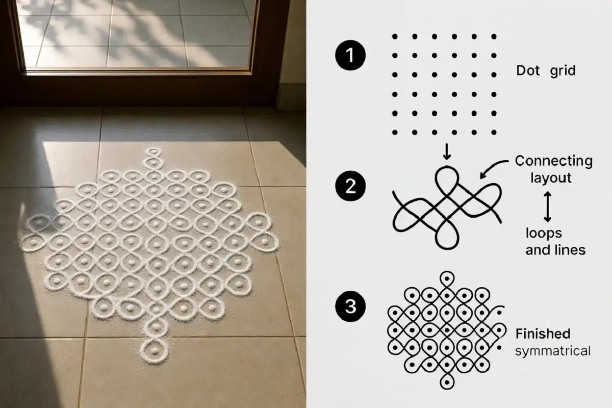South Indian kolam rangoli designs shown as photo and step infographic