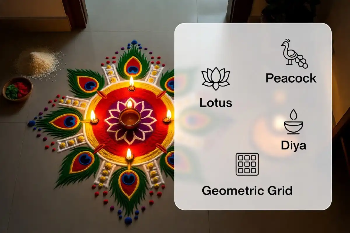 Traditional rangoli designs for festivals showing lotus, diya, and core pattern elements