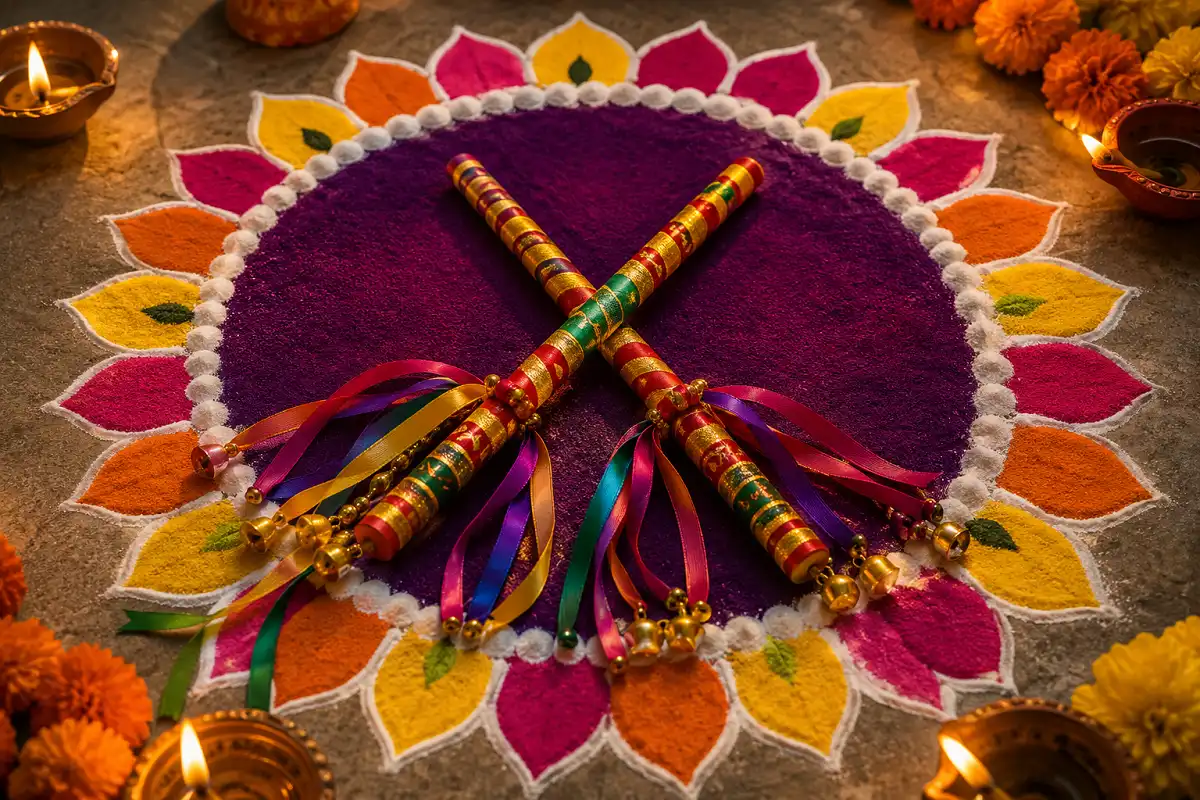 Dandiya themed Navratri rangoli ideas with crossed sticks and bright border