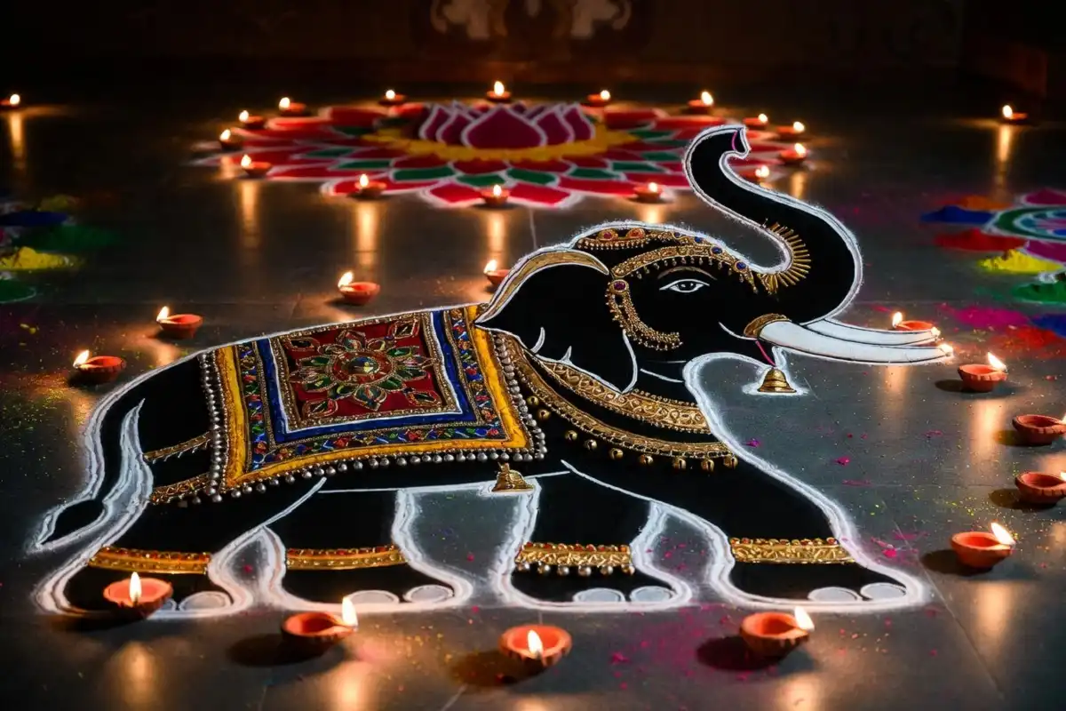 Ornate rangoli with elephant motif with diyas and lotus for Diwali