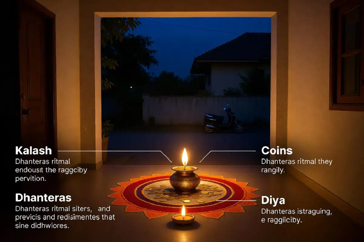 Dhanteras rangoli designs featuring a kalash, coins, and diya at a home entrance