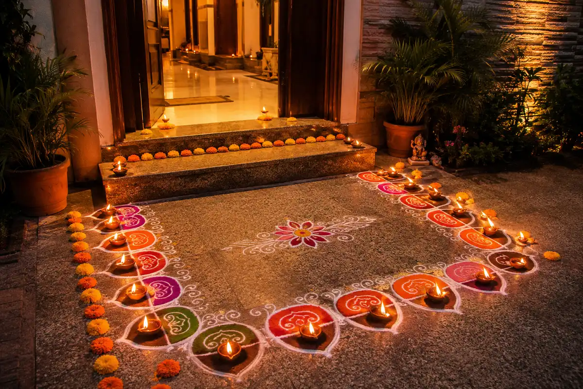 Diya border row rangoli framing a home doorway with warm festive colors