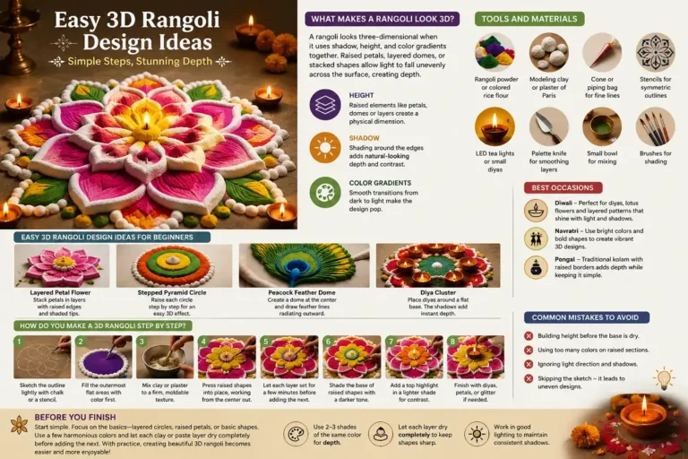 Photorealistic layered clay rangoli demonstrating easy 3D rangoli design ideas with numbered step overlay