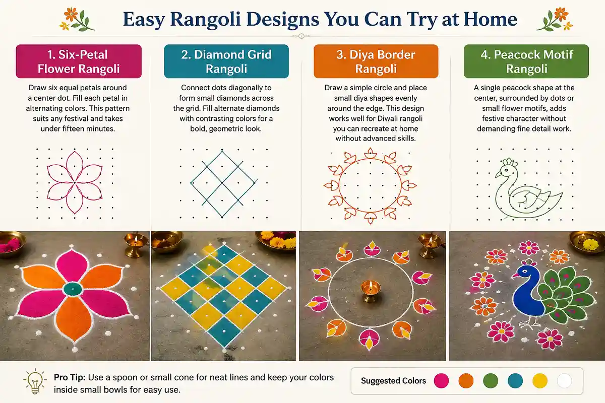 Easy rangoli designs you can try at home, including flower, diamond, diya border, and peacock motifs