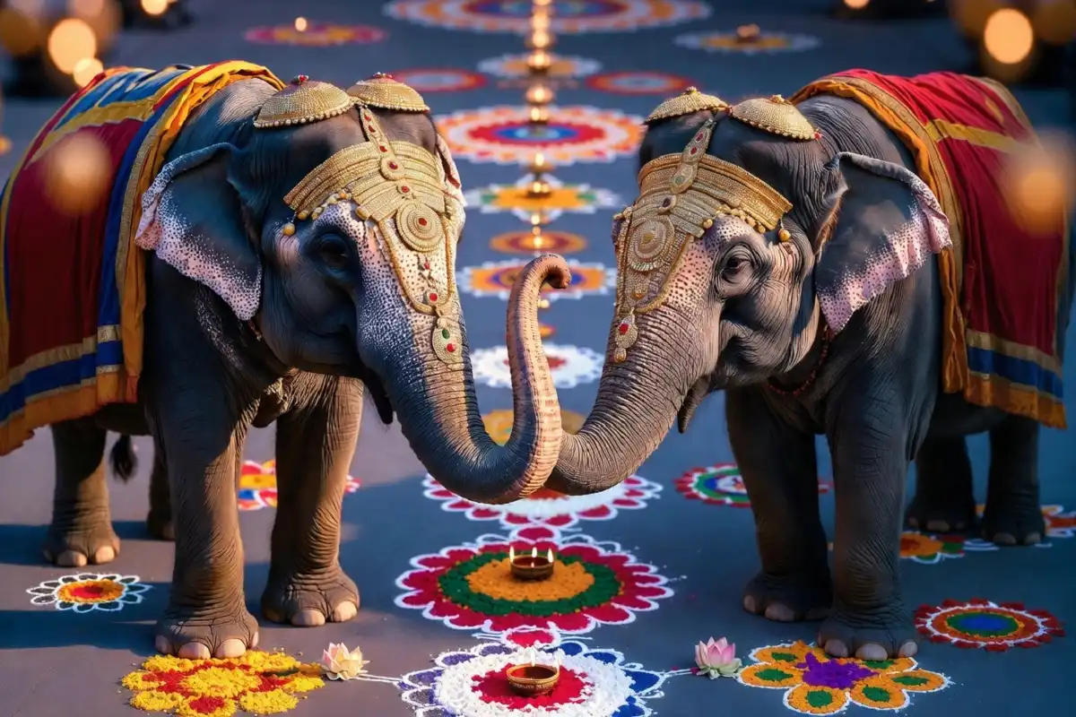 Facing pair rangoli with elephant motif in a symmetrical wedding layout