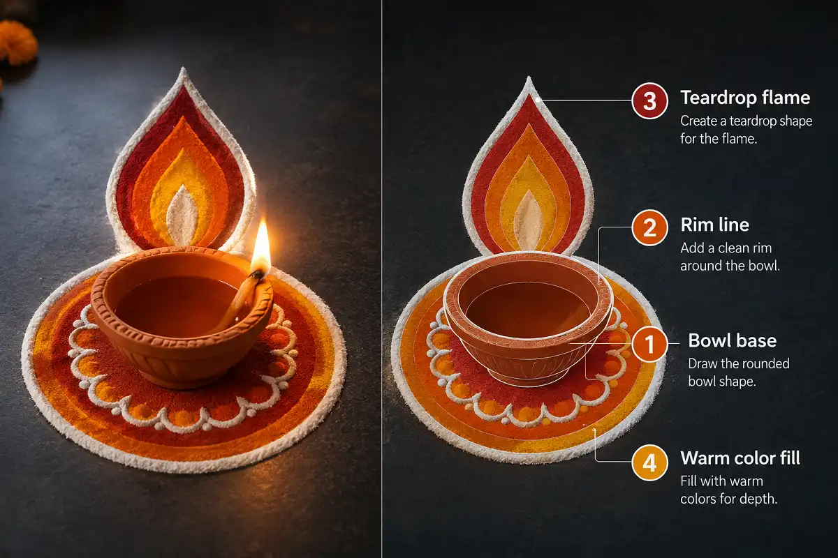 Rangoli designs with diya motif featured infographic showing lamp shape and color steps