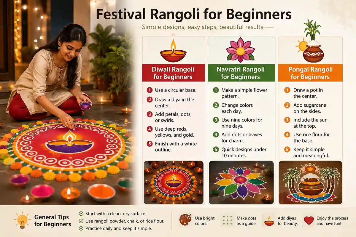 Festival rangoli for beginners with Diwali, Navratri, and Pongal design ideas