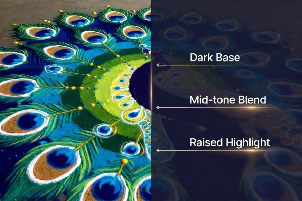 3D rangoli designs for competition showing labeled dark, mid-tone, and highlight shading zones on a peacock pattern