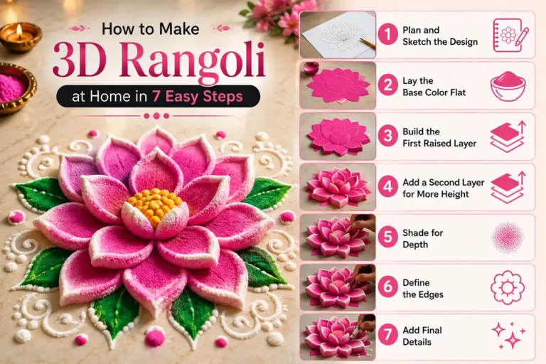 Steps showing how to make 3D rangoli at home with raised layers and shading