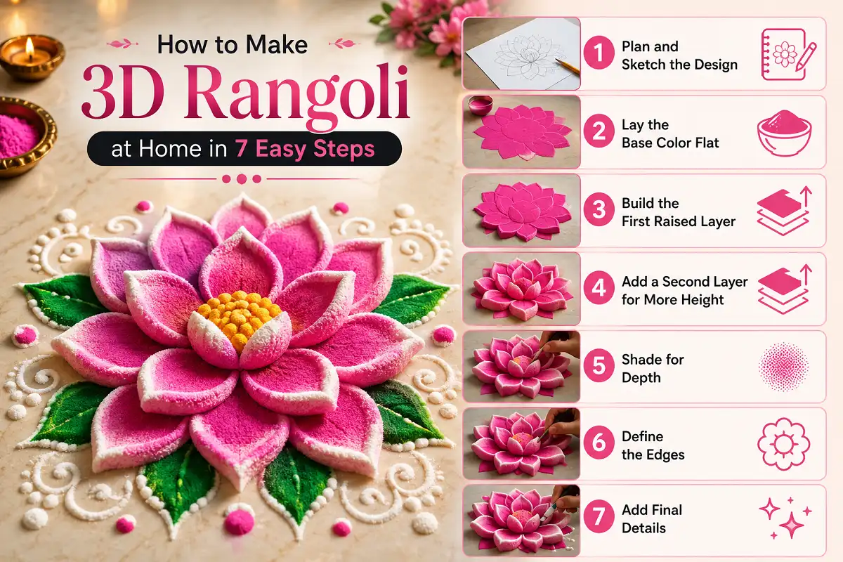 Steps showing how to make 3D rangoli at home with raised layers and shading