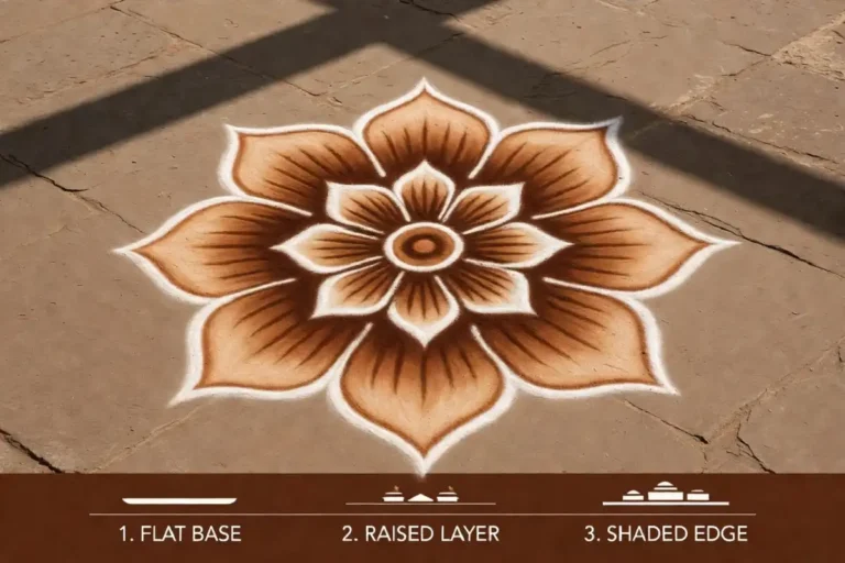 Steps showing how to make 3D rangoli at home with raised layers and shading