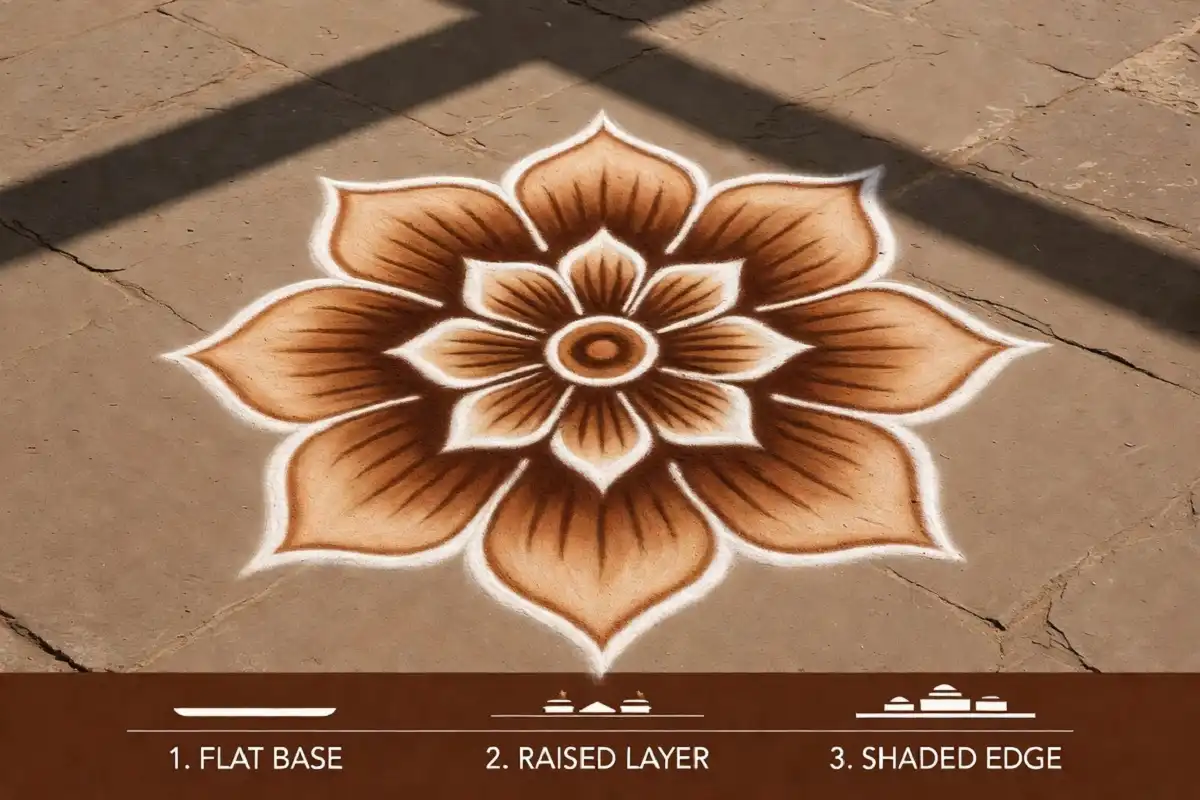 Steps showing how to make 3D rangoli at home with raised layers and shading